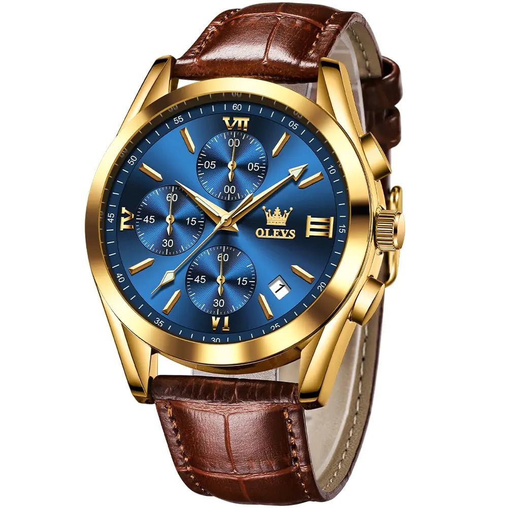 OLEVS Watch for Men Number Large Dial Brown Leather Strap Watch Multifunctional Chronograph Wrist Watch Date Luminous Waterproof Mens Watch Blue - Trendify product